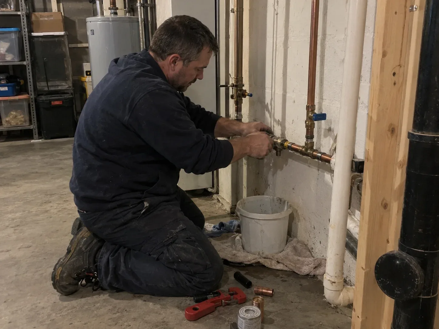 Plumber repairing a burst pipe in a St. Catharines basement