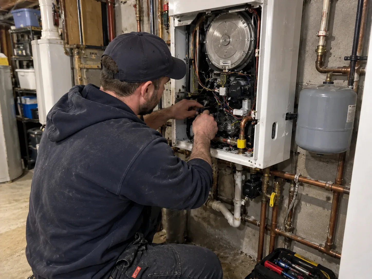 Licensed technician repairing a home boiler in a St. Catharines basement