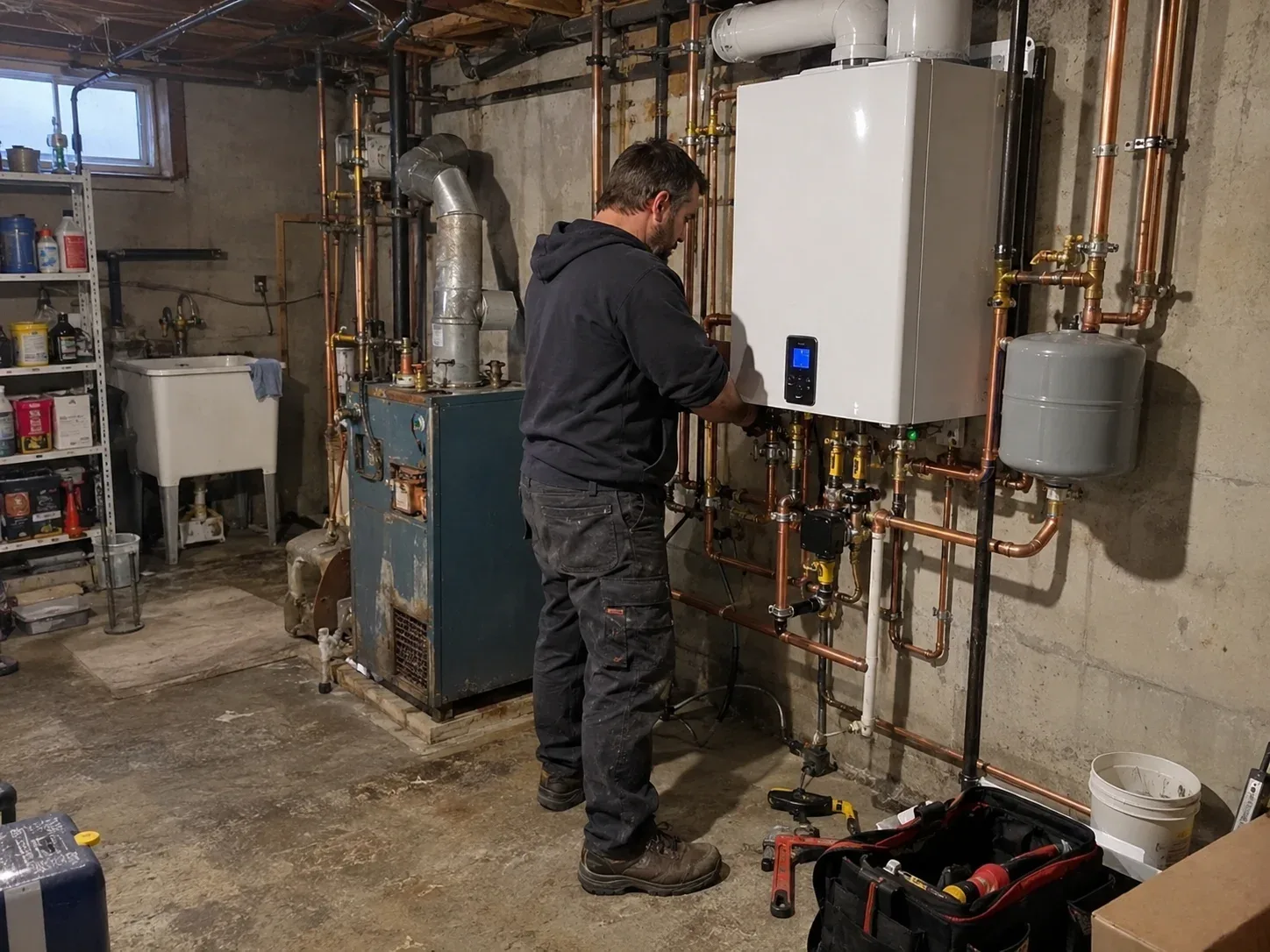 Technician servicing a commercial boiler in a St. Catharines mechanical room