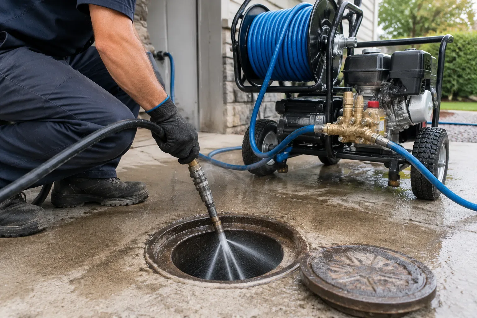 Hydro jetting a sewer cleanout with a high-pressure water jet in St. Catharines